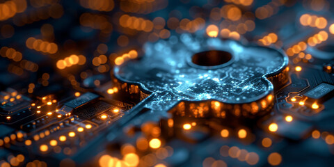 Key in the cloud with circuit board background. Digital security and data protection concept.  
