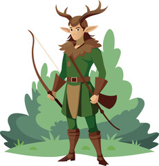 Fantasy Archer with Antlers Standing in Forest Illustration