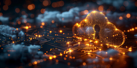 Key in the cloud with circuit board background. Digital security and data protection concept.  