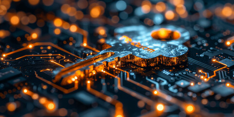 Key in the cloud with circuit board background. Digital security and data protection concept.  