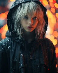 Sticker - a girl with blonde hair and a black jacket standing in front of lights