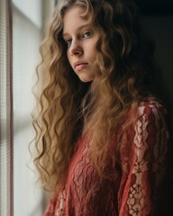 Wall Mural - a girl with long curly hair looking out the window