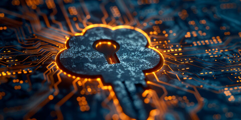 Key in the cloud with circuit board background. Digital security and data protection concept.  