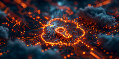 Key in the cloud with circuit board background. Digital security and data protection concept.  