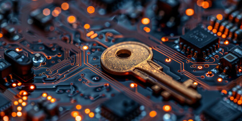 Key symbol on the electronic circuit. Cyber security concept.  