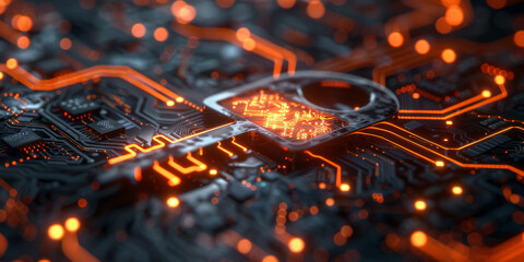 Key symbol on the electronic circuit. Cyber security concept.  