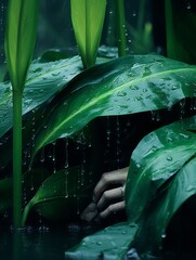 Wall Mural - a hand is peeking out from behind a leafy green plant