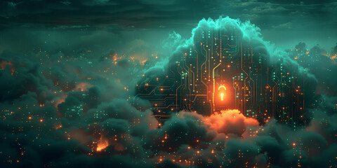Key in the cloud with circuit board background. Digital security and data protection concept.  
