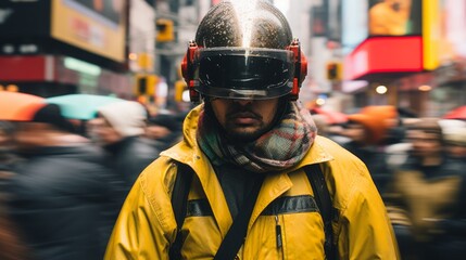 Sticker - a man wearing a helmet on a busy city street