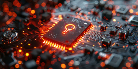 Key symbol on the electronic circuit. Cyber security concept.  