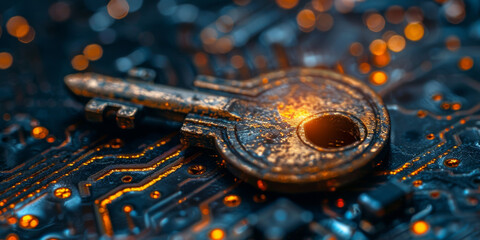 Key symbol on the electronic circuit. Cyber security concept.  