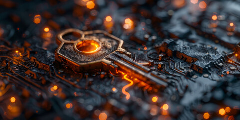 Key symbol on the electronic circuit. Cyber security concept.  