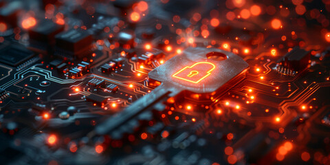 Key symbol on the electronic circuit. Cyber security concept.  