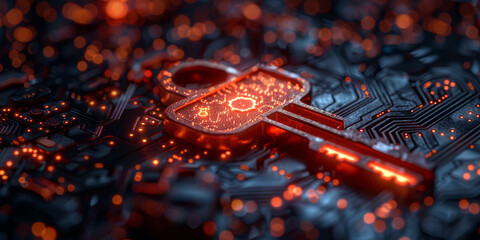 Key symbol on the electronic circuit. Cyber security concept.  