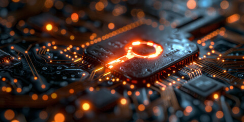 Key symbol on the electronic circuit. Cyber security concept.  