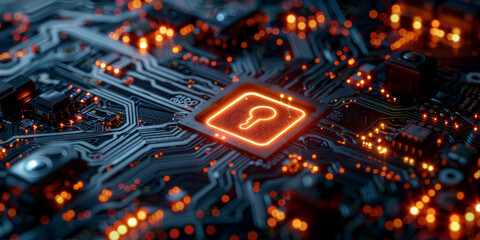 Key symbol on the electronic circuit. Cyber security concept.  