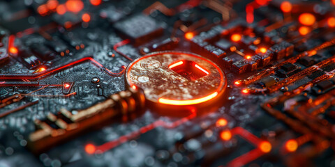 Key symbol on the electronic circuit. Cyber security concept.  