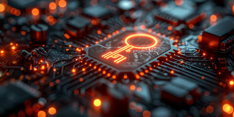 Key symbol on the electronic circuit. Cyber security concept.  