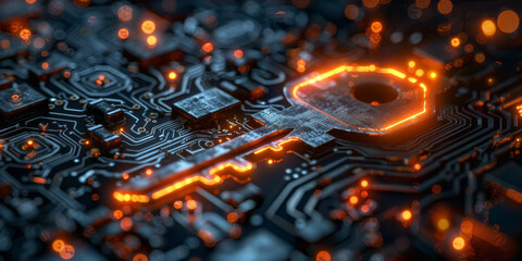 Key symbol on the electronic circuit. Cyber security concept.  