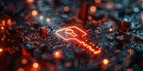 Key symbol on the electronic circuit. Cyber security concept.  