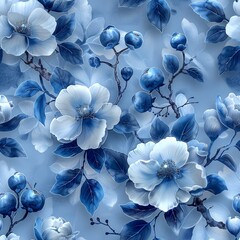 Wall Mural - A seamless pattern tile of blue and white flowers like porcelain. 