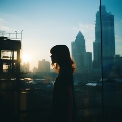 Wall Mural - a silhouette of a woman standing in front of a building with the sun setting in the background