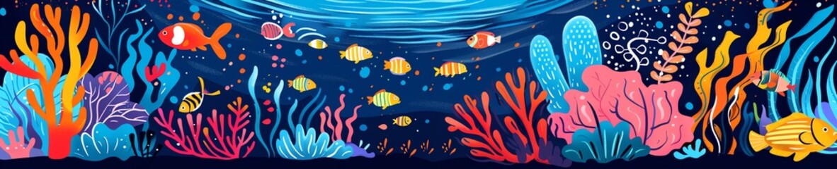 Seamless repeat of cartoon doodle underwater background with flowing composition