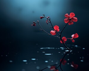 Wall Mural - a single red flower in the water with drops of water