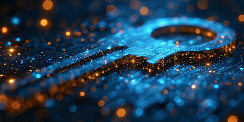 Key in blue technology background. Digital security and data protection concept.  