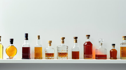 Various decorative glass bottles with liquid on white shelf