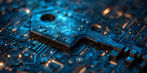 Key in blue technology background. Digital security and data protection concept.  