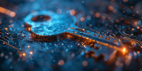 Key in blue technology background. Digital security and data protection concept.  