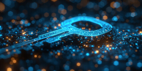 Key in blue technology background. Digital security and data protection concept.  