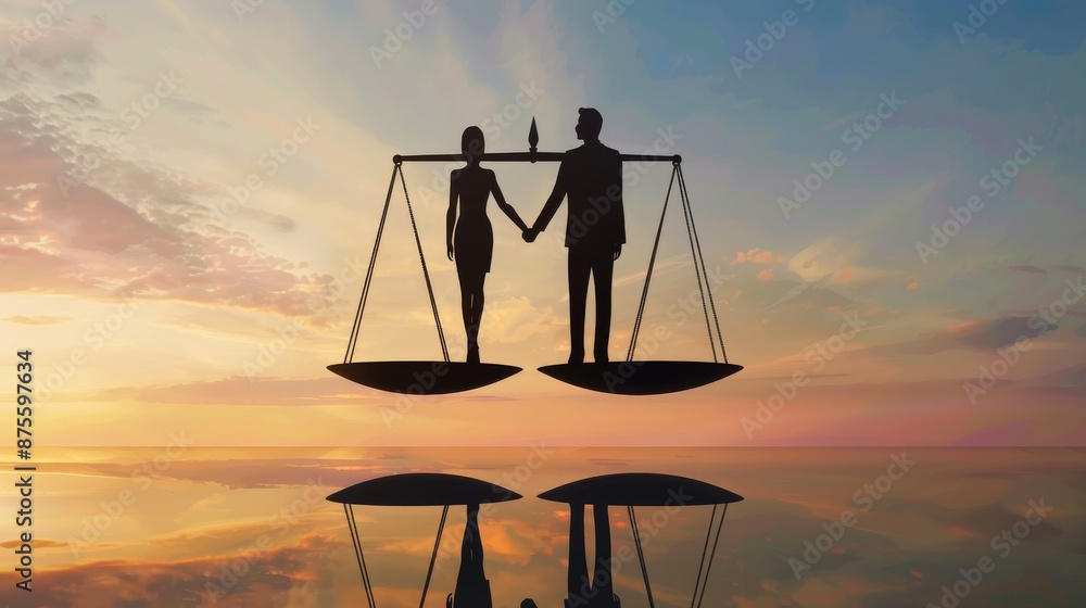 Gender equality concept, Man and woman balancing on a scale. Ideal for ...