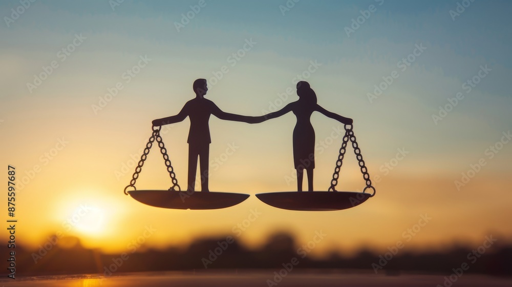Gender equality concept, Man and woman balancing on a scale. Ideal for ...