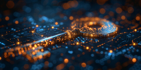 Key in blue technology background. Digital security and data protection concept.  
