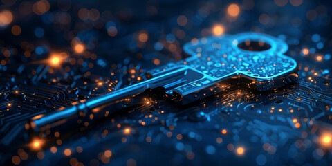 Key in blue technology background. Digital security and data protection concept.  