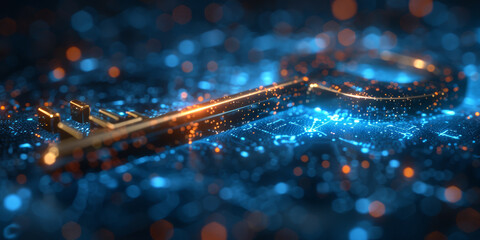 Key in blue technology background. Digital security and data protection concept.  