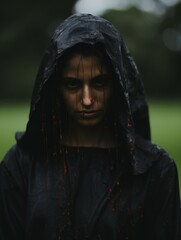 Sticker - a woman in a black hood with blood on her face