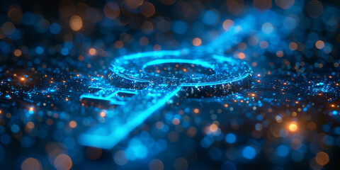 Key in blue technology background. Digital security and data protection concept.  