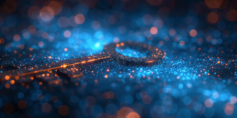 Key in blue technology background. Digital security and data protection concept.  