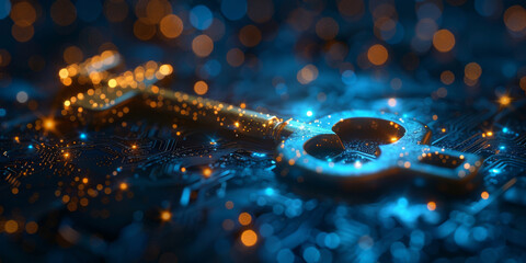 Key in blue technology background. Digital security and data protection concept.  