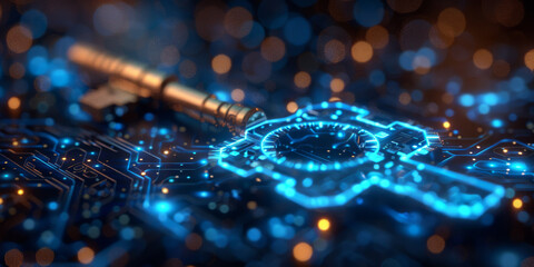 Key in blue technology background. Digital security and data protection concept.  