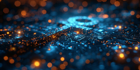 Key in blue technology background. Digital security and data protection concept.  