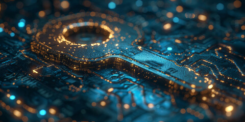 Key in blue technology background. Digital security and data protection concept.  
