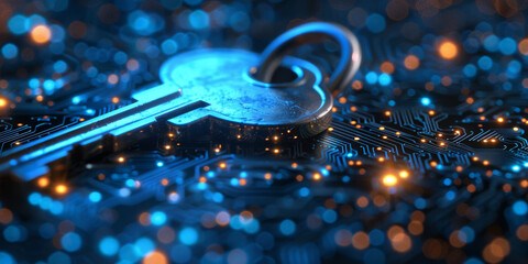 Key in blue technology background. Digital security and data protection concept.  