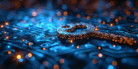 Key in blue technology background. Digital security and data protection concept.  