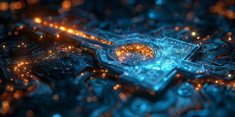 Key in blue technology background. Digital security and data protection concept.  