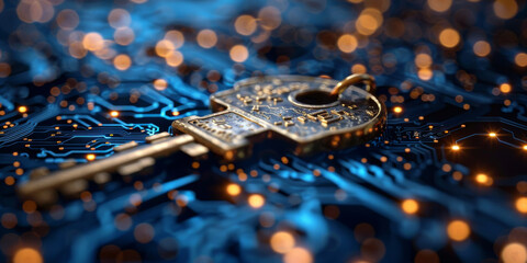 Key in blue technology background. Digital security and data protection concept.  