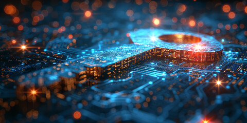 Key in blue technology background. Digital security and data protection concept.  